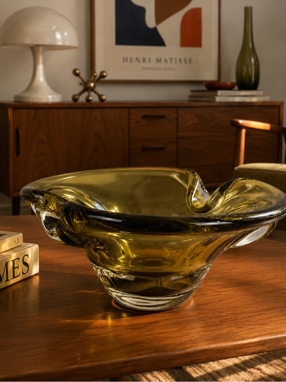 VTG MCM Heavy Art Glass Bowl | Amber Olive Swung Style | Sculptural Centerpiece